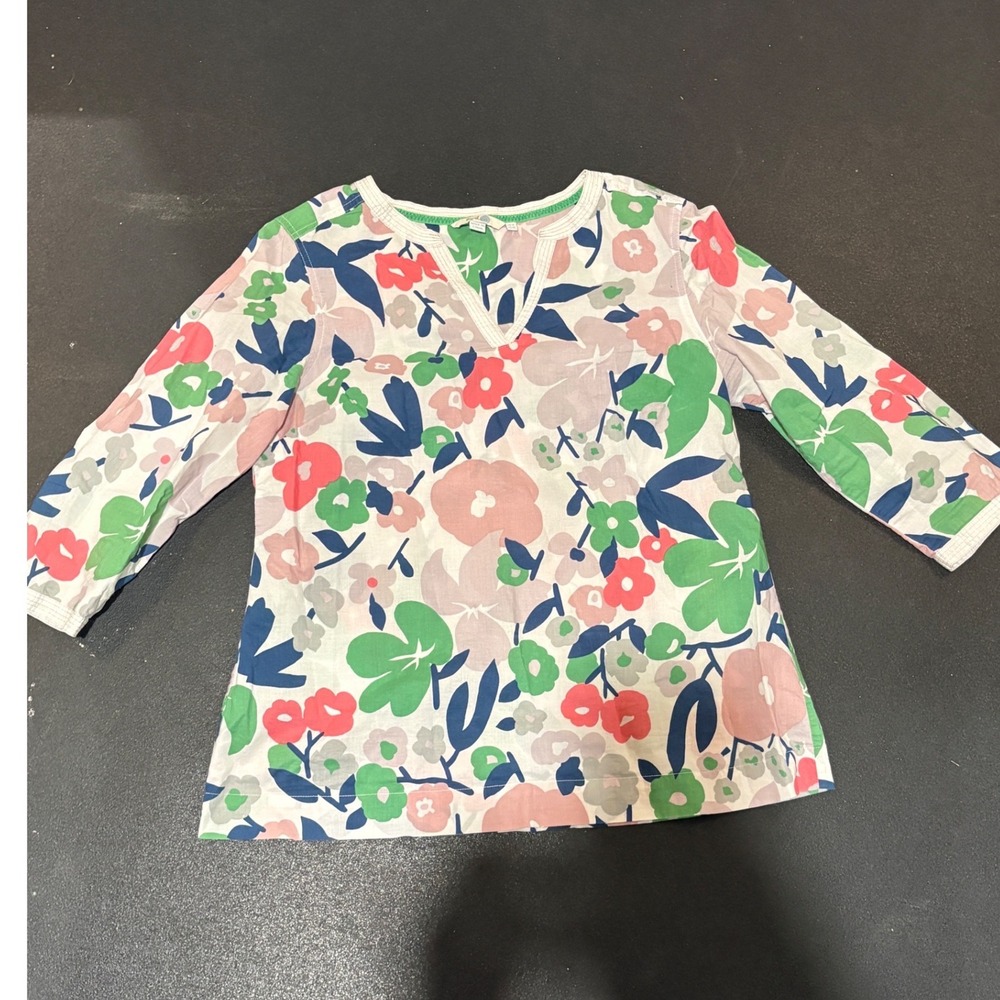 Boden Womens Floral Cotton Tunic Top Multi-Color Split V-Neck 3/4 Sleeve US 10